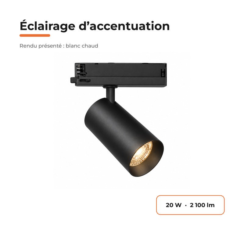 Spot LED sur Rail COB Triphasé 20W 36° Noir - Garantie 5 ans - Silamp France