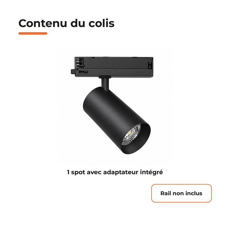 Spot LED sur Rail COB Triphasé 20W 36° Noir - Garantie 5 ans - Silamp France