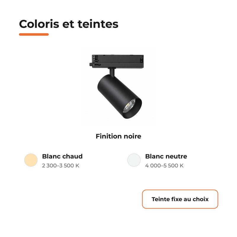 Spot LED sur Rail COB Triphasé 20W 36° Noir - Garantie 5 ans - Silamp France