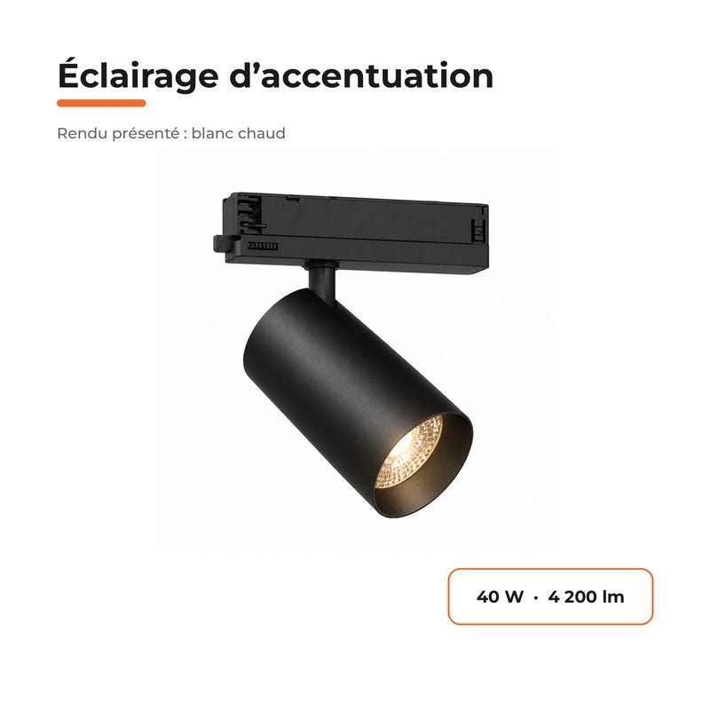 Spot LED sur Rail COB Triphasé 40W 36° Noir Philips - Garantie 5 ans - Silamp France