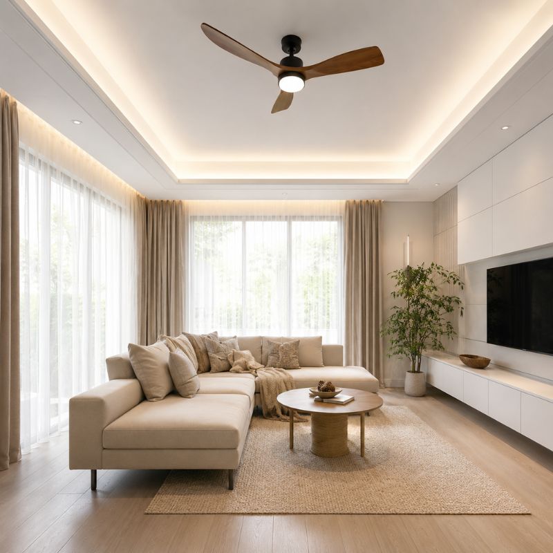 Ventilateur de Plafond LED 18W CCT Noir et Bois avec Télécommande Ø122cm - Silamp France