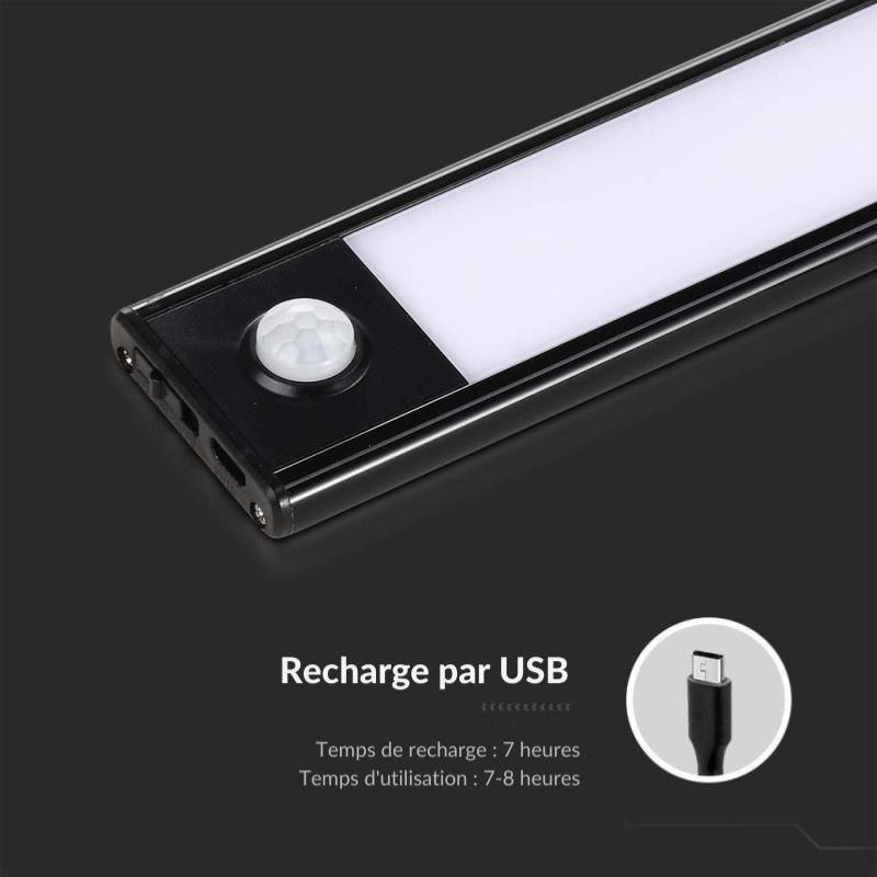 Réglette LED Rechargeable USB 60cm 2,5W Noire avec Détecteur de mouvement