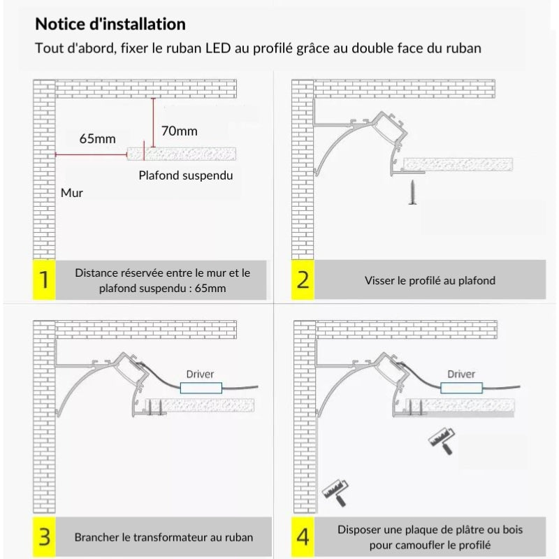 Profilé Aluminium Blanc 2m pour Ruban LED simple pour Faux-Plafond