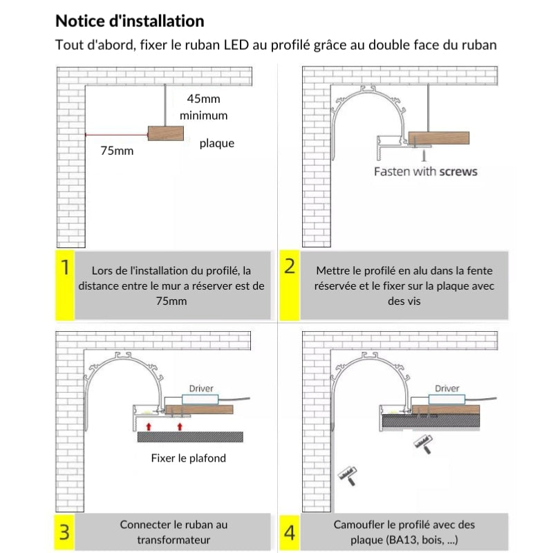 Profilé Aluminium Blanc 2m arrondi pour Ruban LED simple pour Faux-Plafond