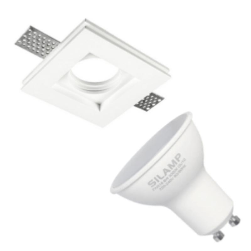 Kit Support Spot GU10 LED Carré Blanc 100x100mm avec Ampoule LED 6W