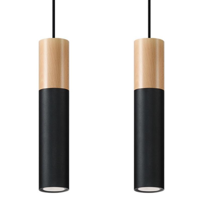 Suspension 2 Lampes Bois Noir pour Ampoules GU10