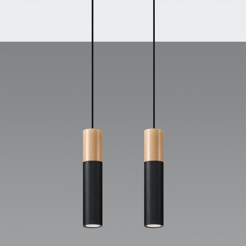 Suspension 2 Lampes Bois Noir pour Ampoules GU10