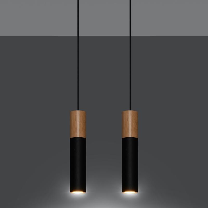 Suspension 2 Lampes Bois Noir pour Ampoules GU10