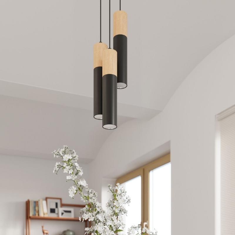 Suspension Design 3 Lampes Bois Noir Élégant pour Ampoules GU10