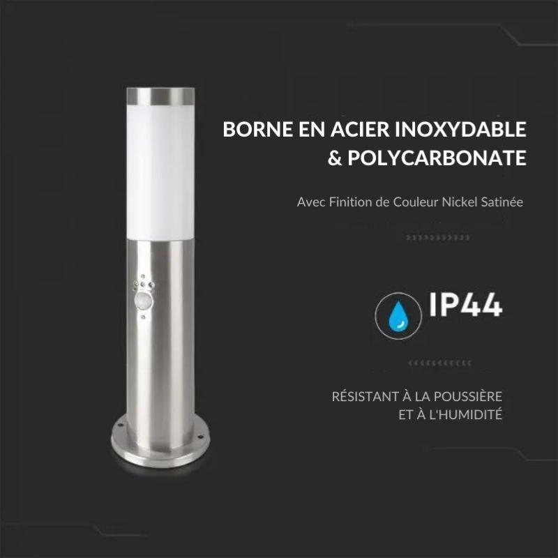 Borne de Jardin Acier Inoxydable avec Détecteur 45cm pour Ampoule E27 IP44 - Silamp France