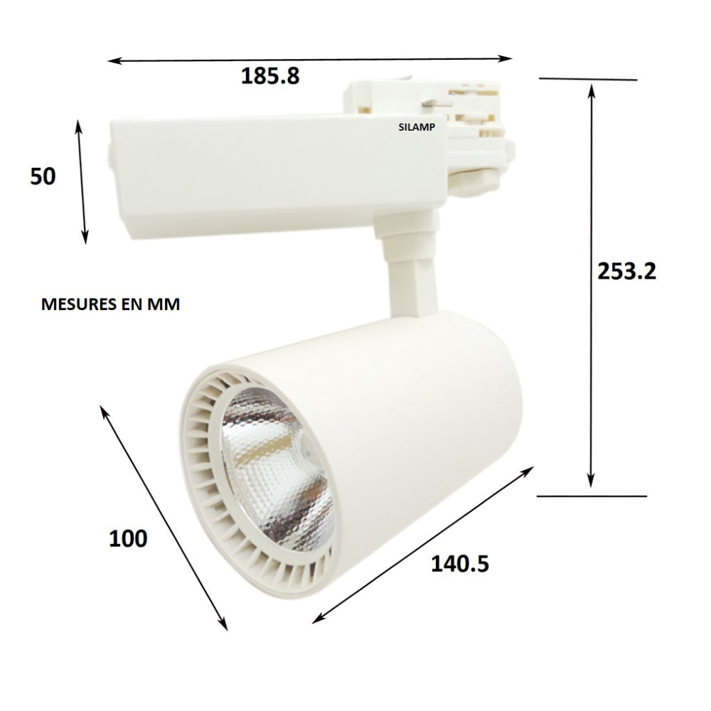 Spot LED sur Rail 40W 80° COB Triphasé BLANC