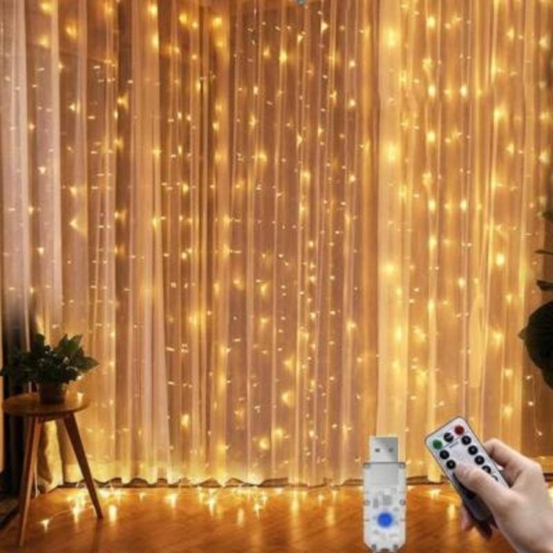 Guirlande LED Rideau USB 3x3M 300 LED + Télécommande - Blanc Chaud