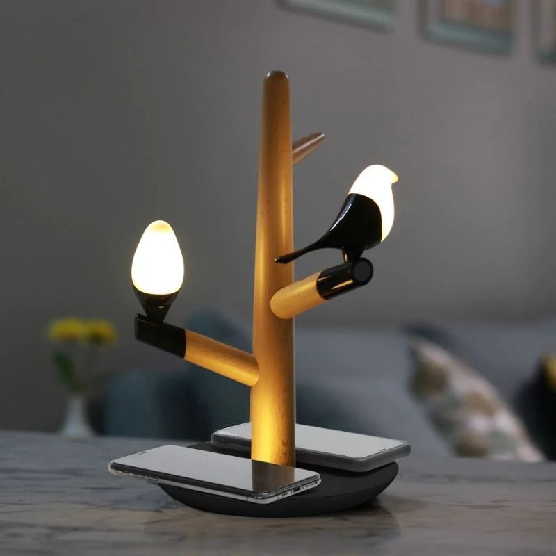 Lampe de Chevet Design Oiseau avec Chargeur Sans fil et Porte Accessoires - Silamp France