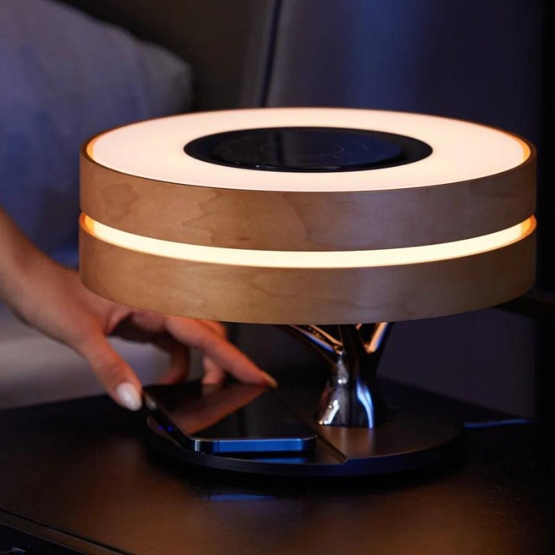 Lampe de Chevet Ronde "Horizon" avec Enceinte & Chargeur Sans fil - Dimmable Tactile - Silamp France