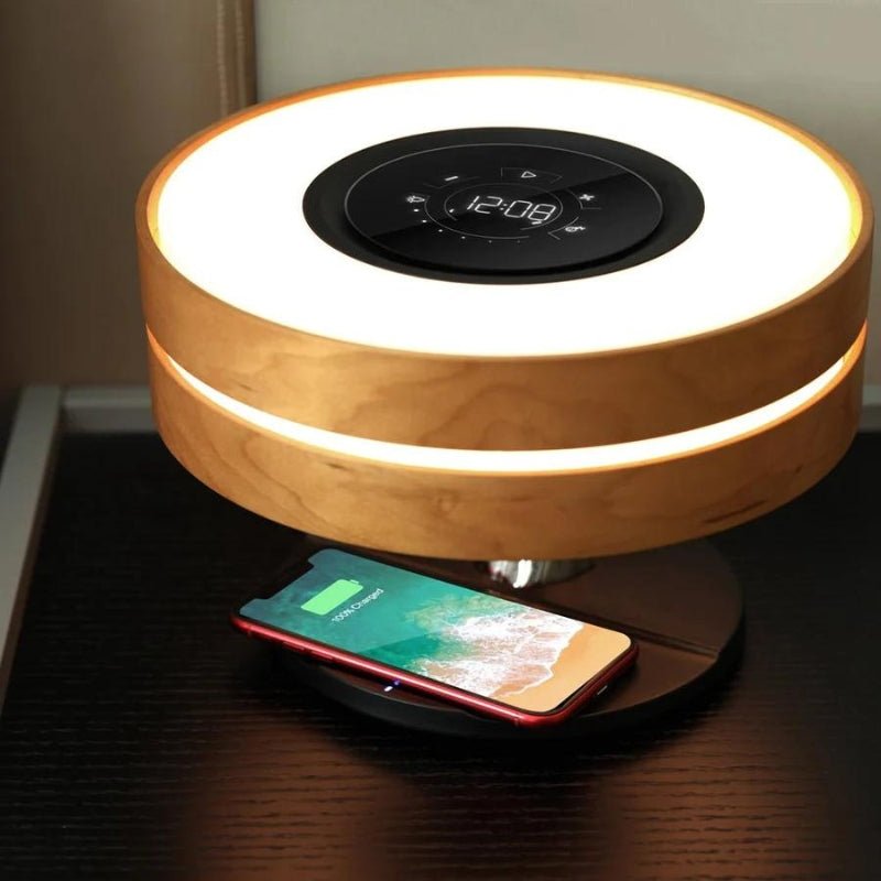 Lampe de Chevet Ronde "Horizon" avec Enceinte & Chargeur Sans fil - Dimmable Tactile - Silamp France