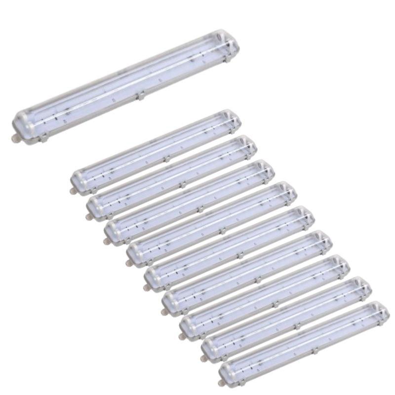 Pack de 10 - Réglette étanche double pour Tube LED T8 60cm IP65 (Boitier vide)