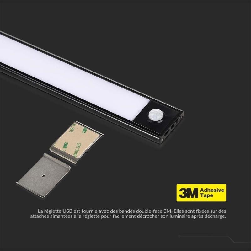 Réglette LED Rechargeable USB 40cm 2W Noire avec Détecteur de mouvement - Silamp France