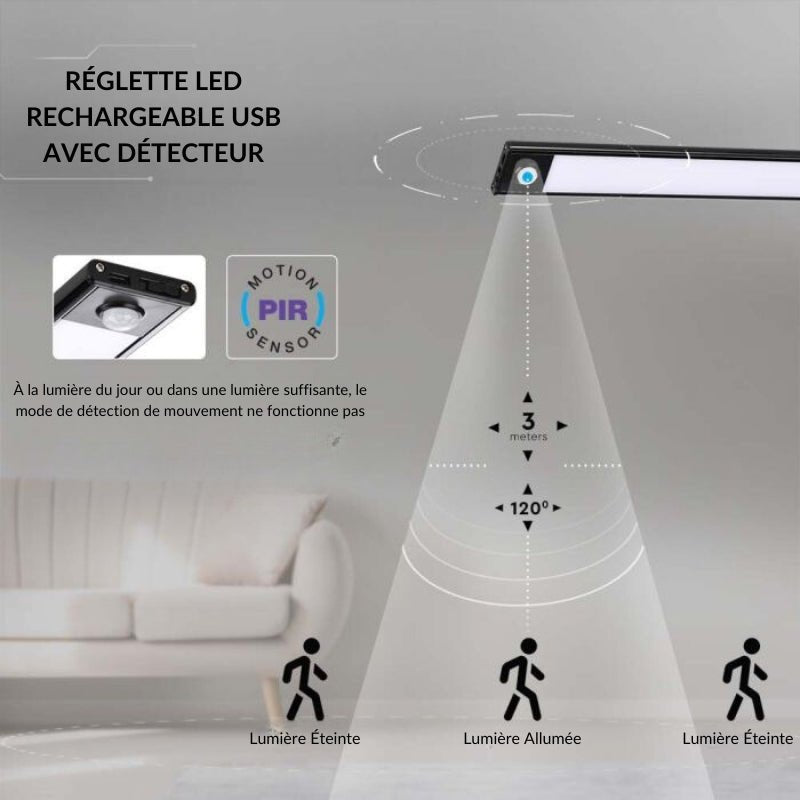 Réglette LED Rechargeable USB 40cm 2W Noire avec Détecteur de mouvement - Silamp France