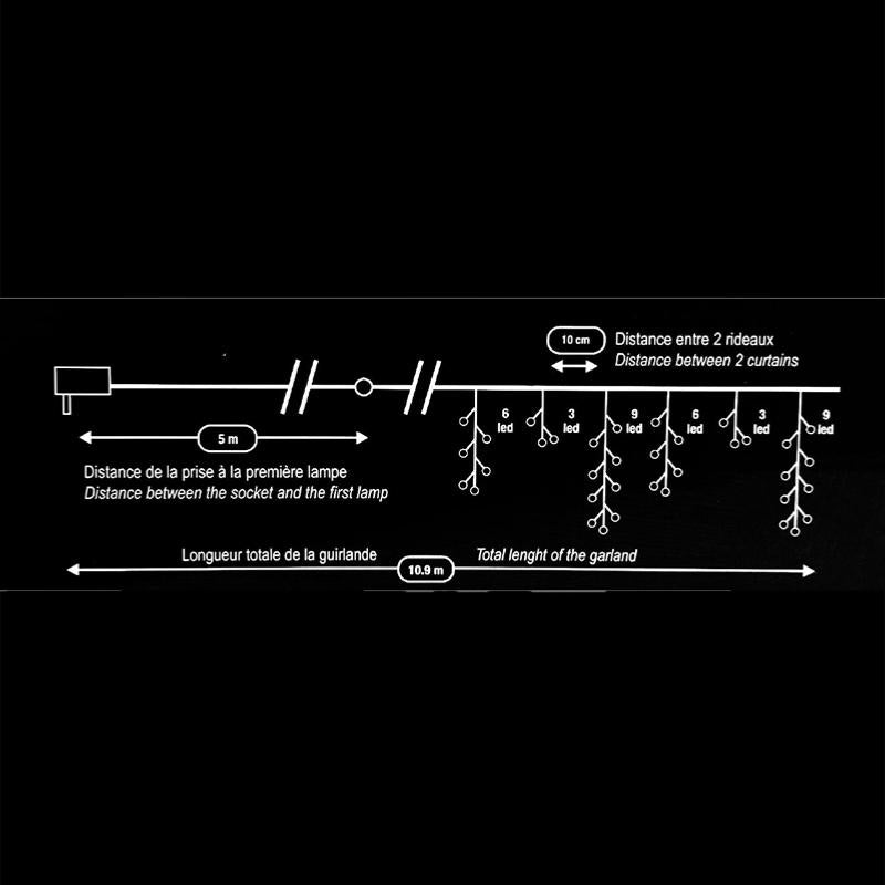 Rideau lumineux 360LED IP44 6M, 8 modes avec timer - Blanc Froid - Silamp France