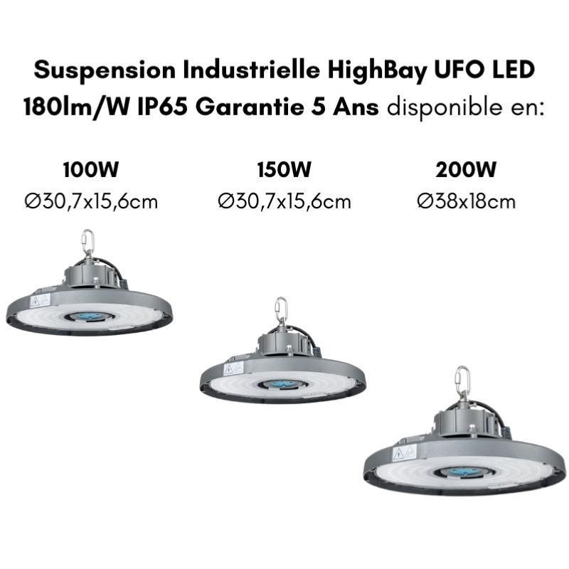 Suspension Industrielle HighBay UFO Haut Rendement 150W 180lm/W IP65 Garantie 5 Ans - Silamp France