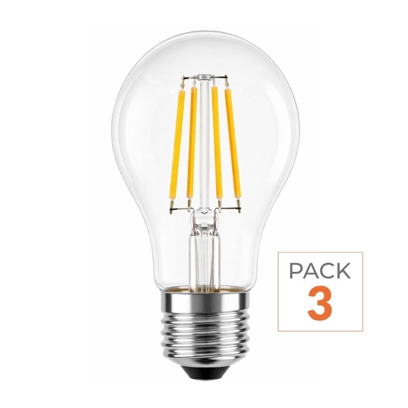 Pack de 3 Ampoules LED E27 A60 3.8W Filament Classe Énergétique A 210lm/W