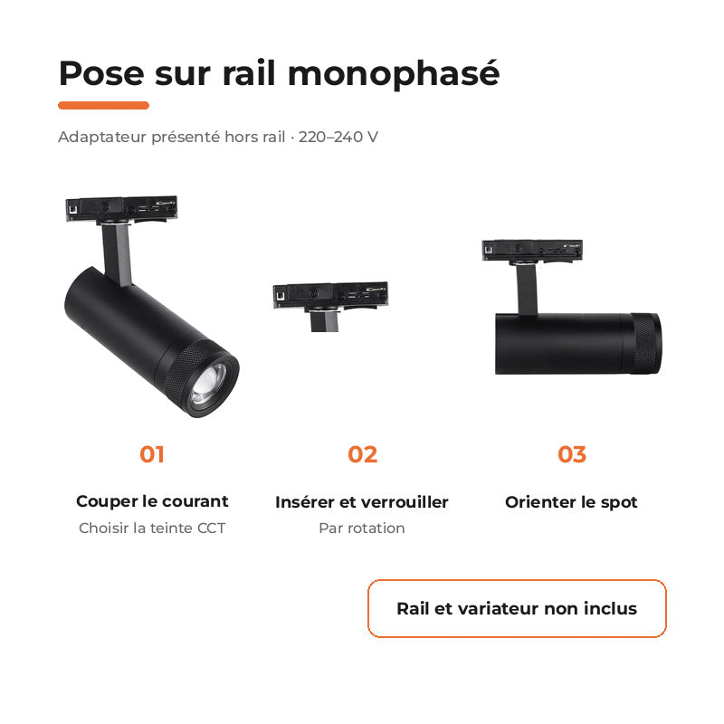 Pack de 10 - Spot LED sur Rail Noir Angle Ajustable Monophasé 30W 15-60° CCT TRIAC Dimmable