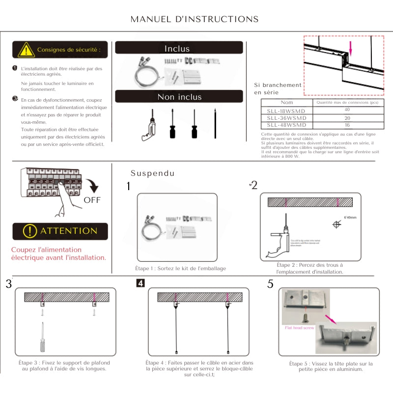 Suspension Linéaire LED 150cm 48W Interconnectable BLANC - Garantie 5 ans