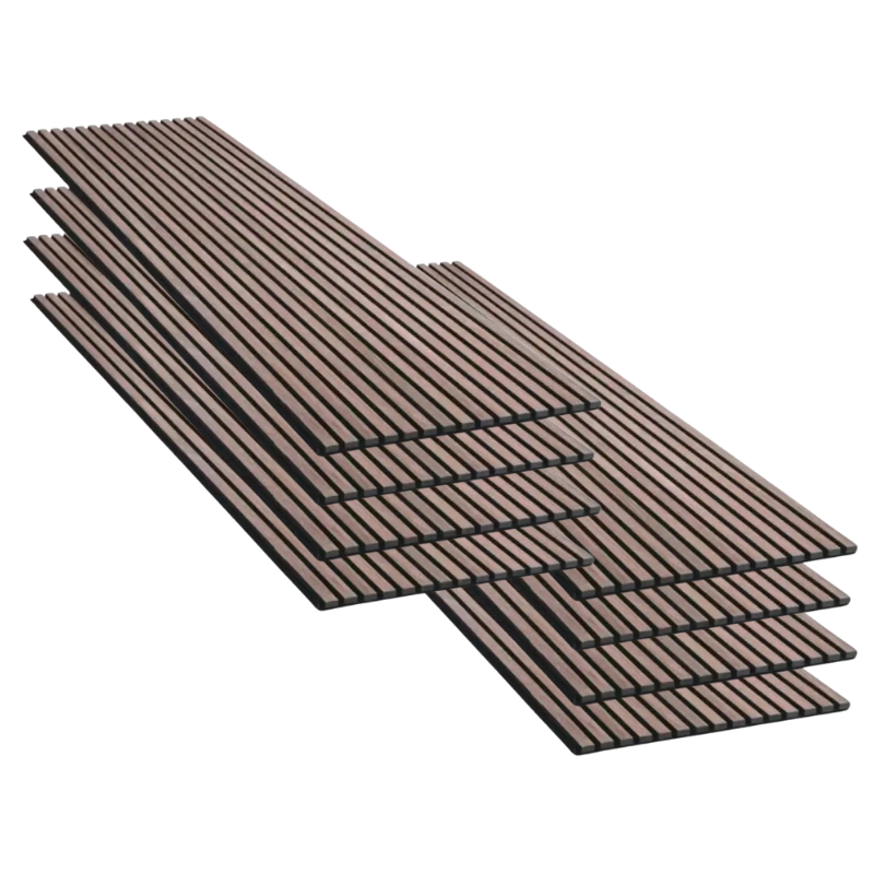 Lot de 8 Panneaux Acoustiques Muraux - Tasseaux Finition Noyer - Fond Noir - 240x60x2,2cm