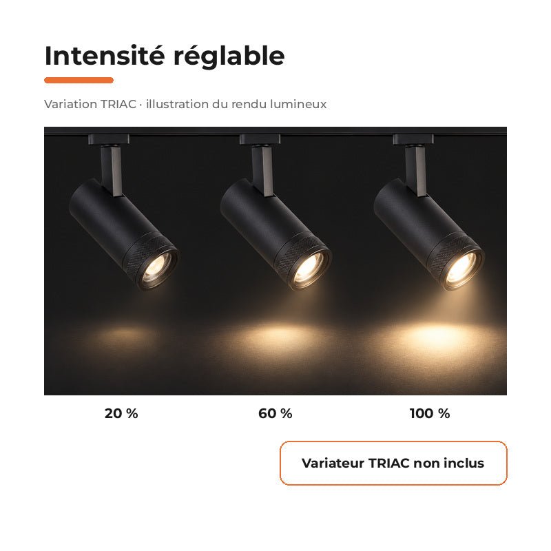 Spot LED sur Rail Noir Angle Ajustable Monophasé 30W 15-60° CCT TRIAC Dimmable - 3000K/4000K/6000K - Silamp France