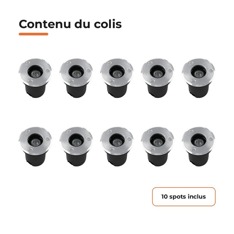 Pack de 10 - Spot Extérieur Encastrable LED IP67 220V Sol 1W 30° Ø64 mm – contenu du colis