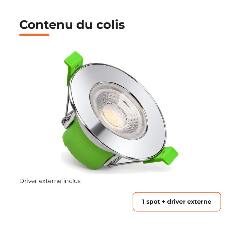 Spot Encastrable Coupe-Feu 6W ø86mm Dimmable CCT IP65 Chrome - 3000K/4000K/6500K – contenu du colis
