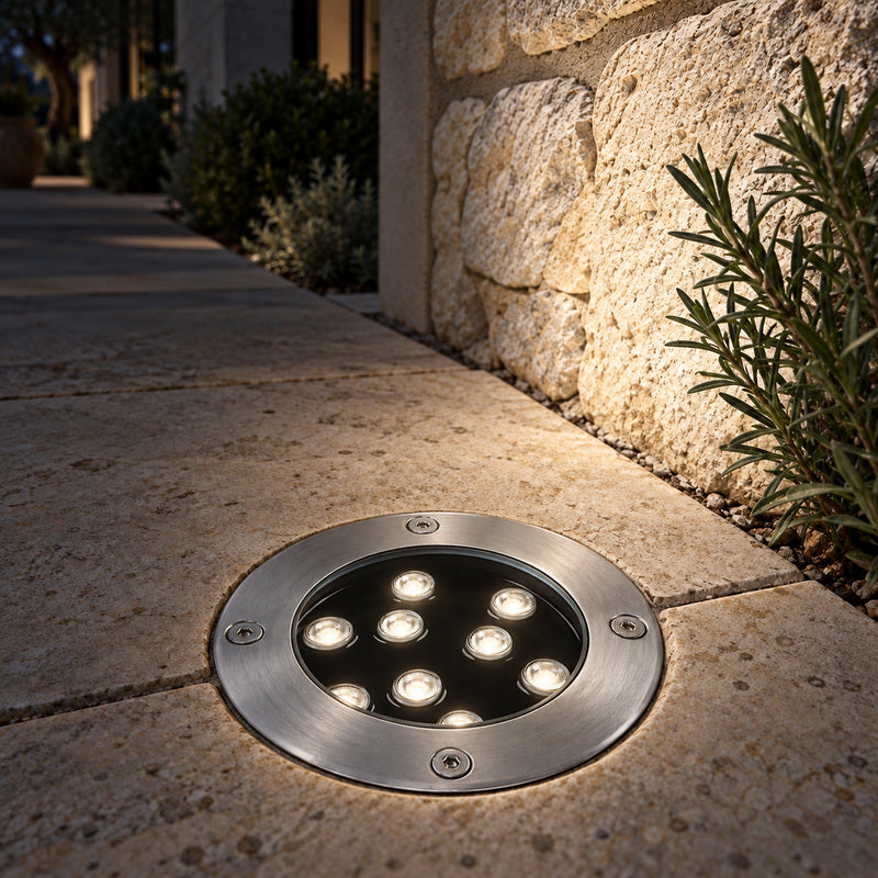 Spot Extérieur Encastrable 9W IP67 220V Sol 30° Ø120 – rendu allumé