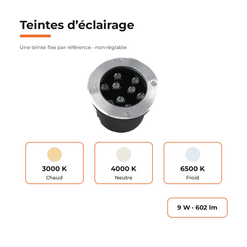 Spot Extérieur Encastrable 9W IP67 220V Sol 30° Ø120 – variantes