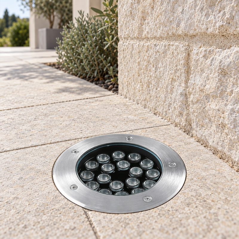 Spot Extérieur Encastrable 18W IP67 220V Sol 30° Ø180 – mise en situation