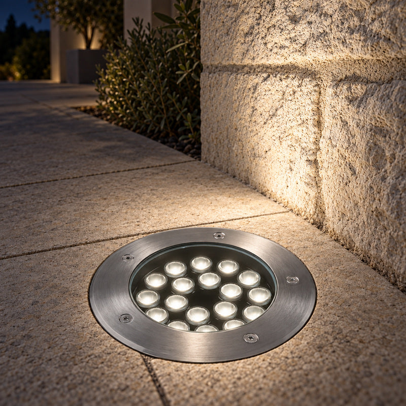 Spot Extérieur Encastrable 18W IP67 220V Sol 30° Ø180 – rendu allumé
