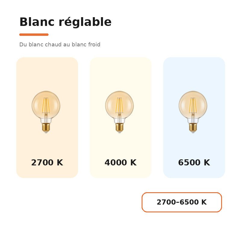 Ampoule LED Filament Connectée Wifi E27 4W Ambrée G95 CCT - 2700K/6500K - Pack de 10 - Silamp France