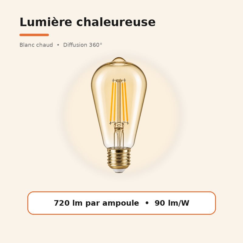 Ampoule LED Filament E27 8W Ambrée ST64 - Pack de 10 - Silamp France
