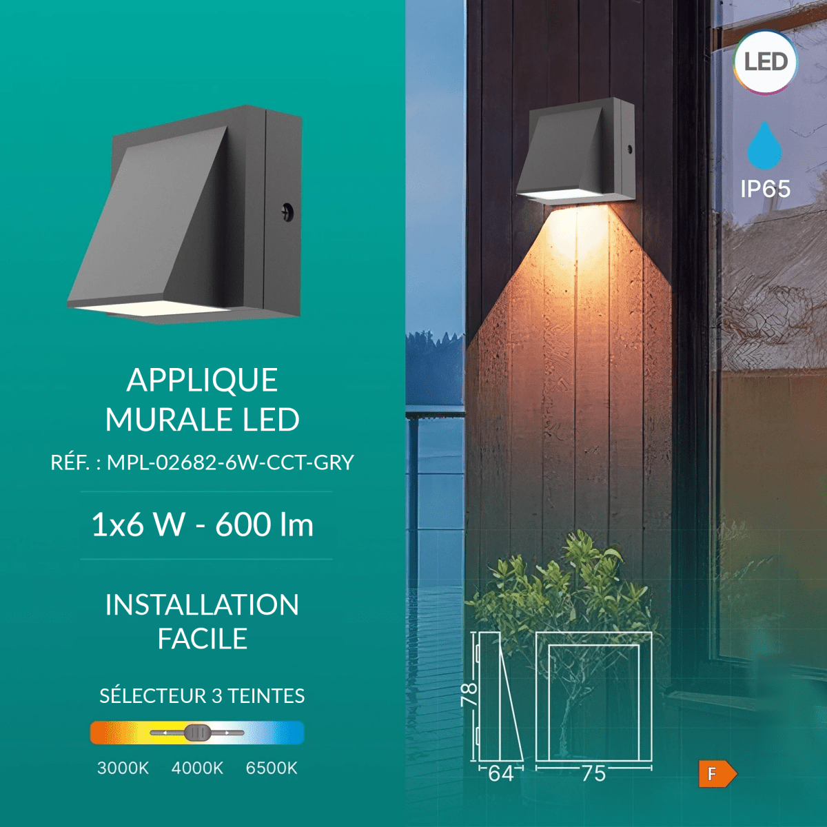 Applique Murale LED 6W IP65 CCT Gris - Silamp France