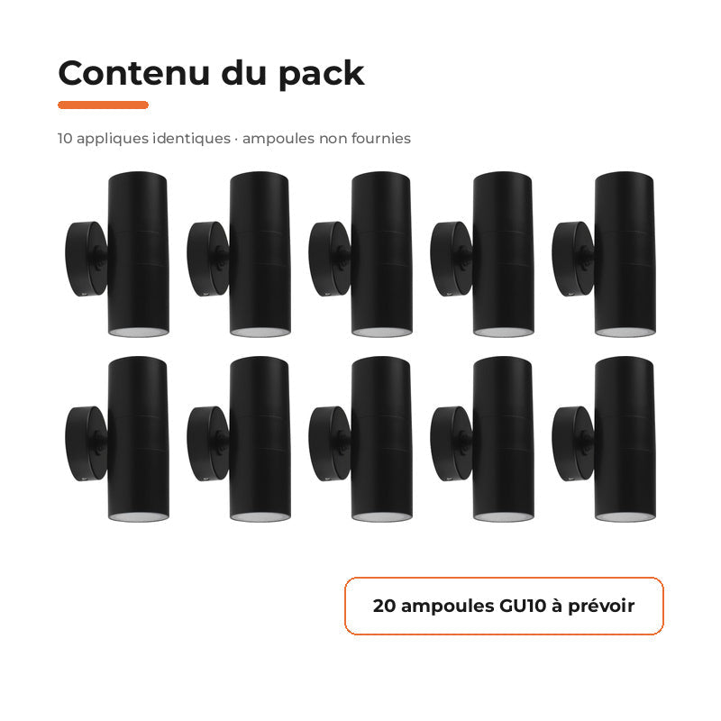 Applique Murale Noire IP65 Double Faisceau GU10 - Pack de 10 - Silamp France