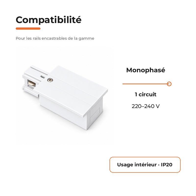 Connecteur d'Alimentation pour Rail Encastrable Monophasé Blanc - Silamp France