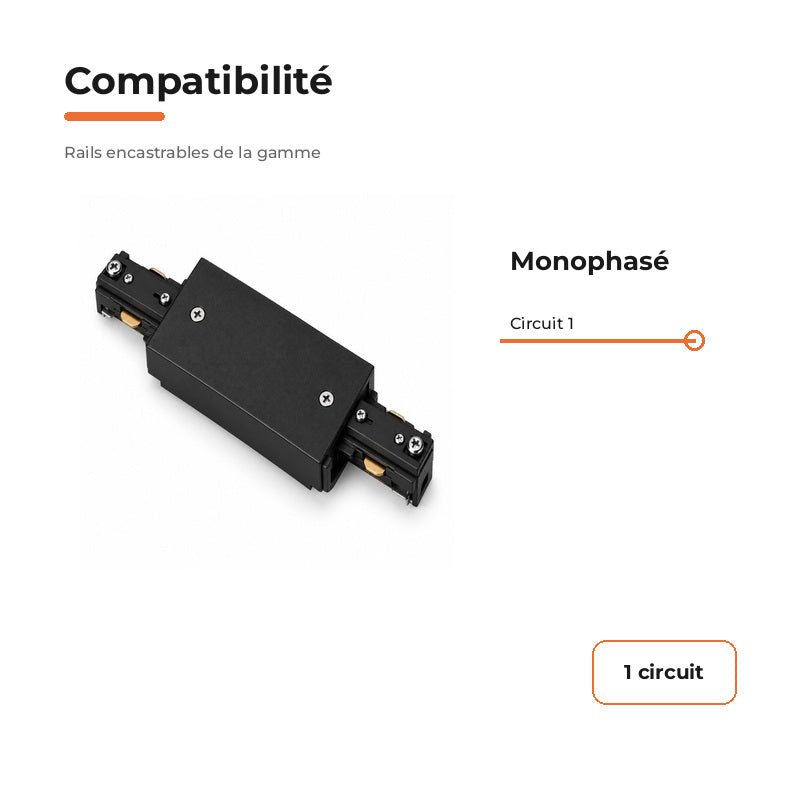 Connecteur Droit Rail Encastrable Monophasé Noir - Silamp France