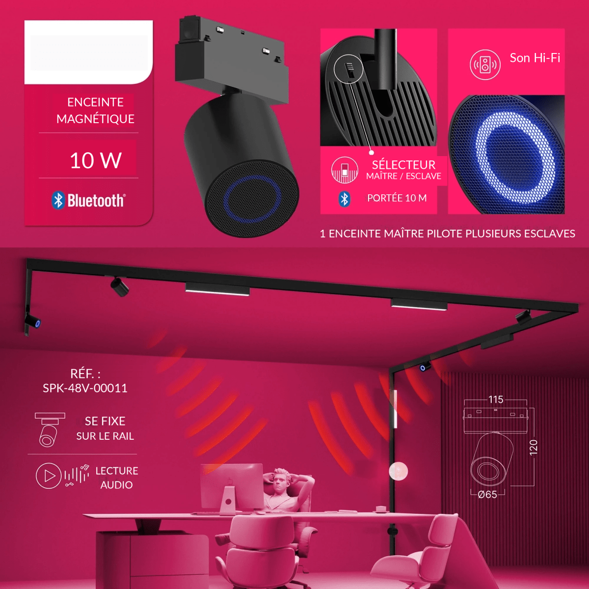 Enceinte Bluetooth 10W sur Rail Magnétique 48V Noir - Silamp France