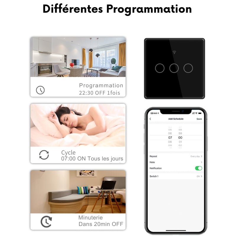 Interrupteur Mural Double Connecté Wifi Tactile NOIR - Silumen Home - Silamp France