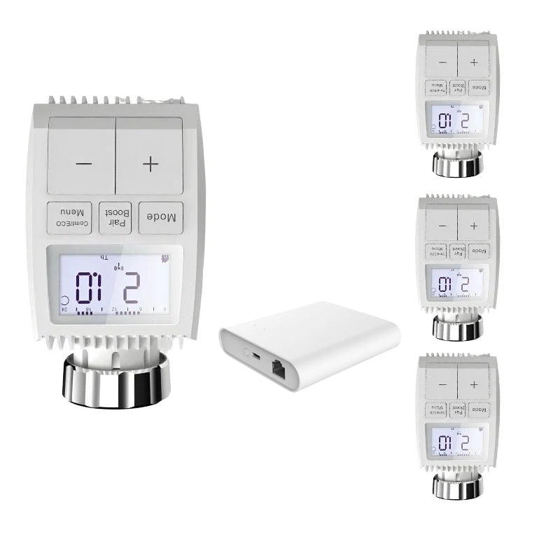 Kit 4 Têtes Thermostatiques Connectées Écran LCD + Passerelle Zigbee Ethernet - Silamp France