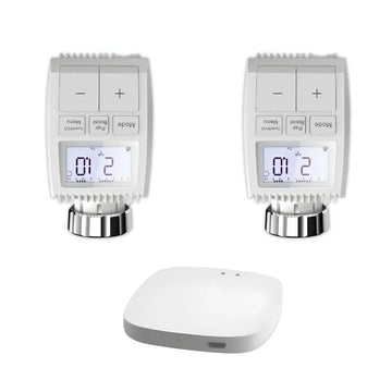 Kit de 2 Têtes Thermostatiques Connectées Universelle avec Ecran LCD + Passerelle ZigBee