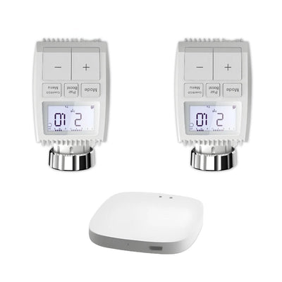 Kit de 2 Têtes Thermostatiques Connectées Universelle avec Ecran LCD + Passerelle ZigBee