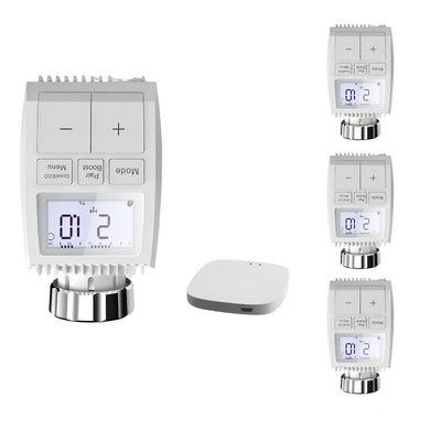 Kit de 4 Têtes Thermostatiques Connectées Universelle avec Ecran LCD + Passerelle ZigBee