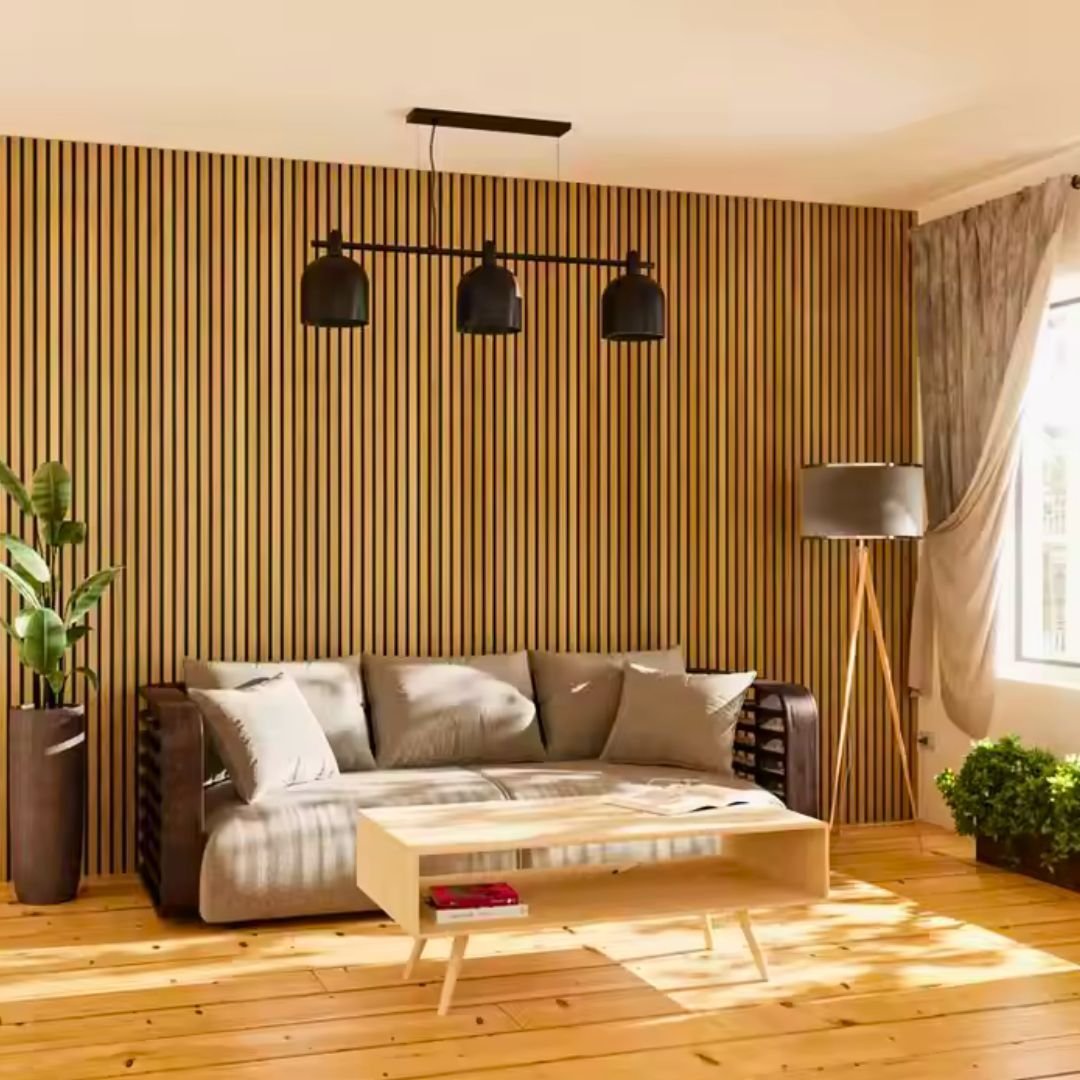 Lot de 6 Panneaux Acoustiques Muraux - Tasseaux Finition Chêne Blanc - Fond Noir - 240x60x2,2cm - Silamp France