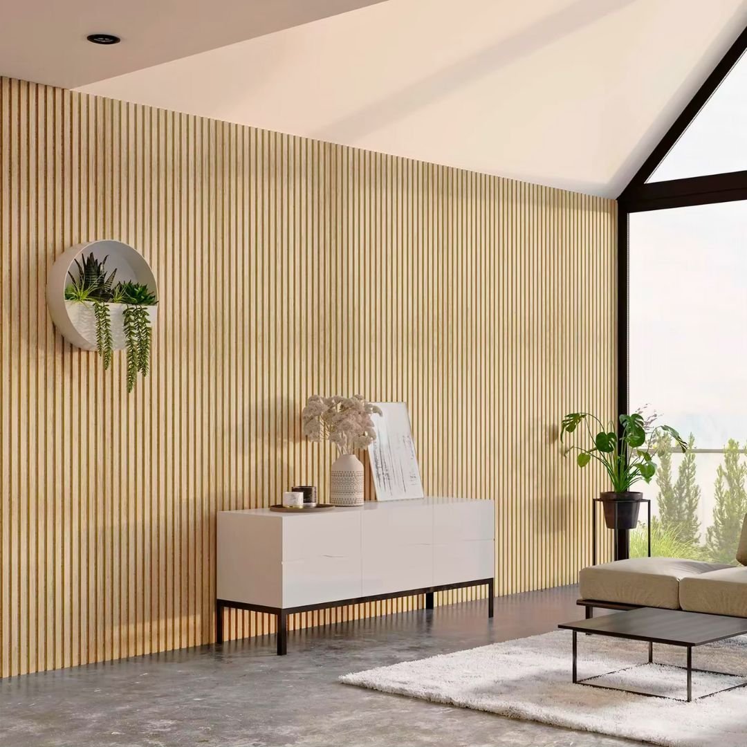 Lot de 6 Panneaux Acoustiques Muraux - Tasseaux Finition Chêne Blanc - Fond Noir - 240x60x2,2cm - Silamp France