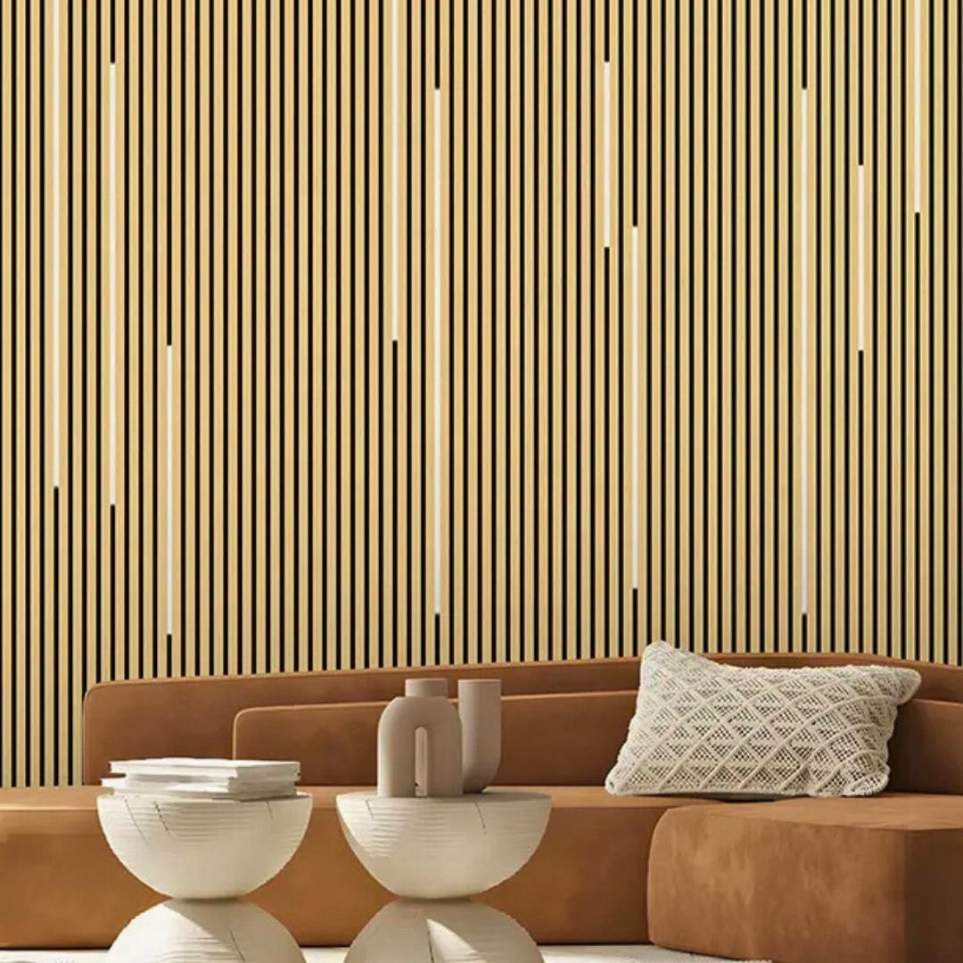 Lot de 6 Panneaux Acoustiques Muraux - Tasseaux Finition Chêne Blanc - Fond Noir - 240x60x2,2cm - Silamp France